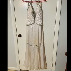 Gigi white with turquoise rhinestone prom dress